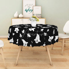 Aperturee - Aperturee Black Halloween Round Tablecloth with Cute Ghost Pattern for Modern and Spooky Party Decorations