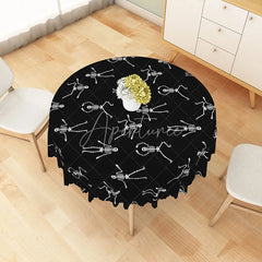 Aperturee - Aperturee Black Halloween Round Tablecloth with Dancing Skeleton Print for Funny and Spooky Party Decorations
