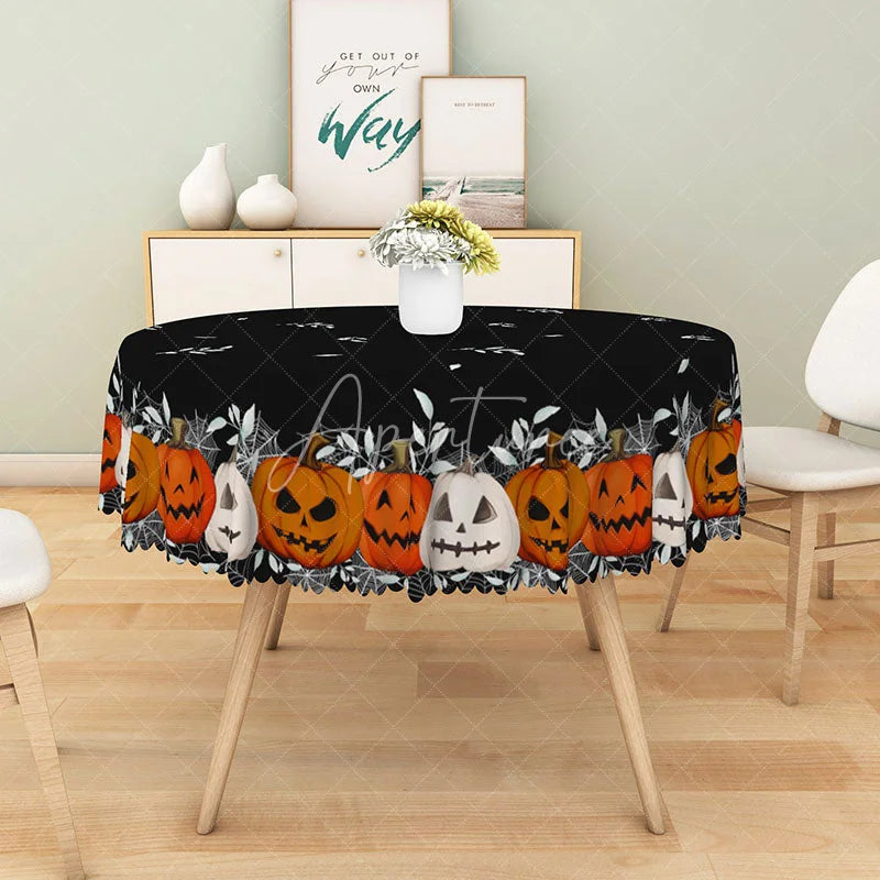 Aperturee - Aperturee Black Halloween Round Tablecloth with Jack O’ Lantern Pattern for Spooky Holiday Party Decorations