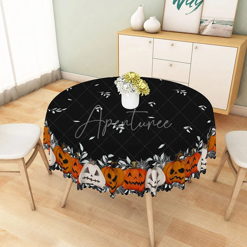 Aperturee - Aperturee Black Halloween Round Tablecloth with Jack O’ Lantern Pattern for Spooky Holiday Party Decorations