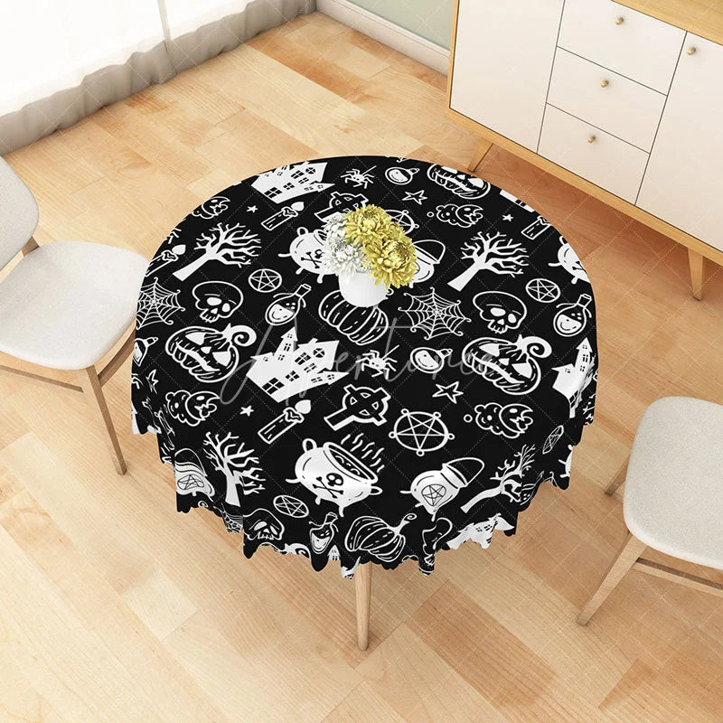 Aperturee - Aperturee Black Halloween Round Tablecloth with Jack-o’-Lanterns Skeletons and Spiders for Spooky Decor