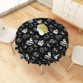 Aperturee - Aperturee Black Halloween Round Tablecloth with Jack-o’-Lanterns Skulls and Haunted Castle for Spooky Decor