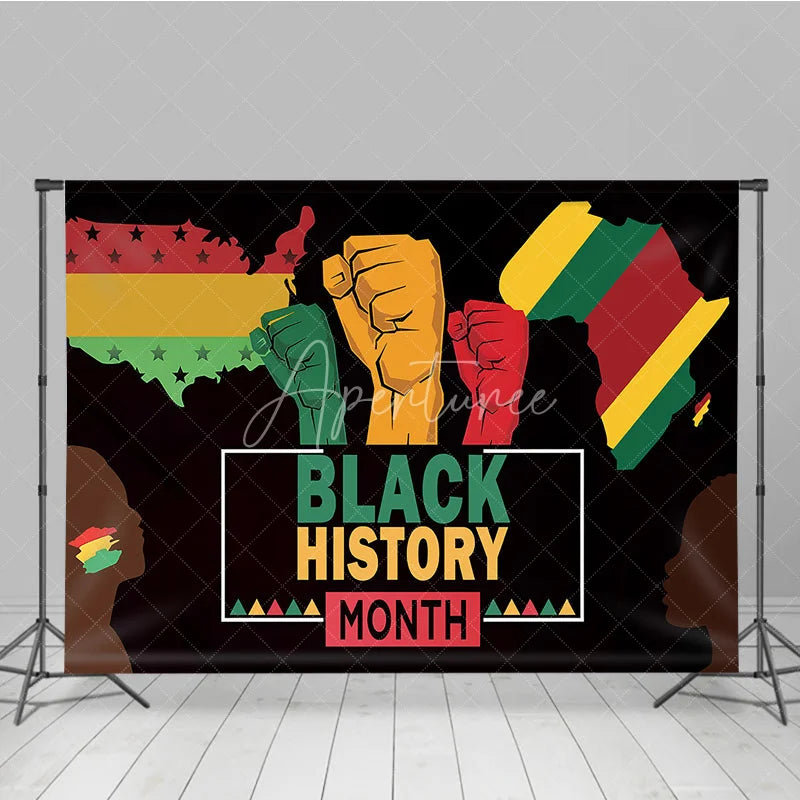 Aperturee - Aperturee Black History Month Backdrop Power and Unity Fist with USA and Africa Map Background Pan-African Heritage Celebration
