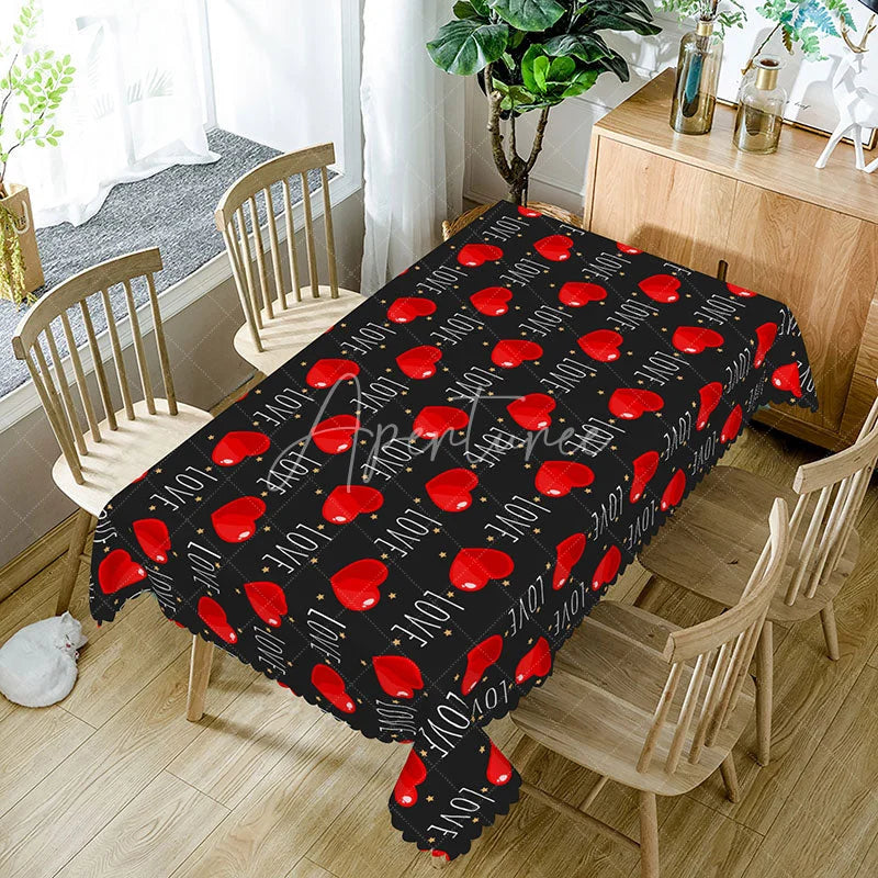 Aperturee - Aperturee Black Love Text Rectangle Tablecloth Red Heart and Gold Star Pattern Modern Valentine Dining Room Decor