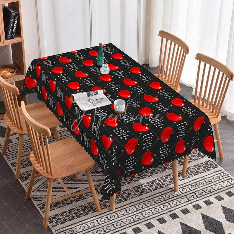 Aperturee - Aperturee Black Love Text Rectangle Tablecloth Red Heart and Gold Star Pattern Modern Valentine Dining Room Decor