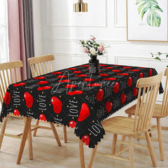 Aperturee - Aperturee Black Love Text Rectangle Tablecloth Red Heart and Gold Star Pattern Modern Valentine Dining Room Decor