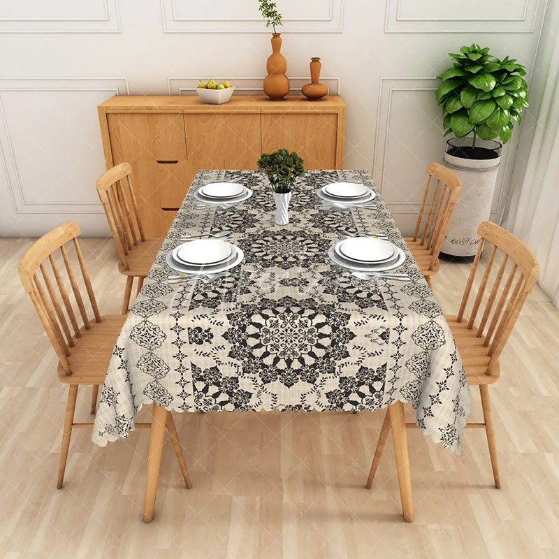 Aperturee - Aperturee Black Mandala Rectangle Tablecloth Beige Linen Texture Table Cover Boho Chic Dining Room Decor