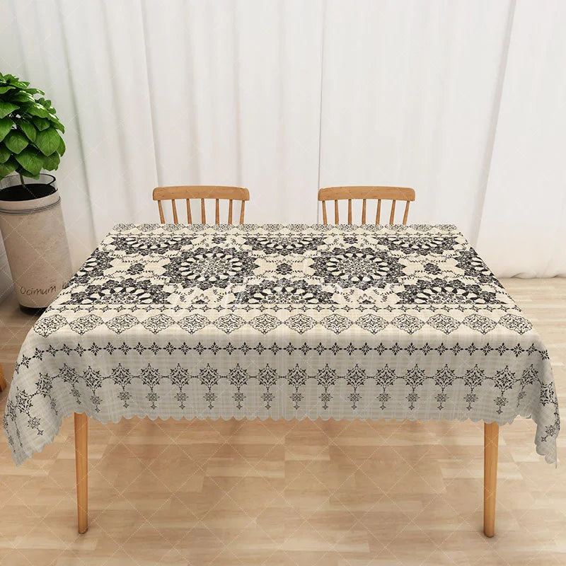 Aperturee - Aperturee Black Mandala Rectangle Tablecloth Beige Linen Texture Table Cover Boho Chic Dining Room Decor