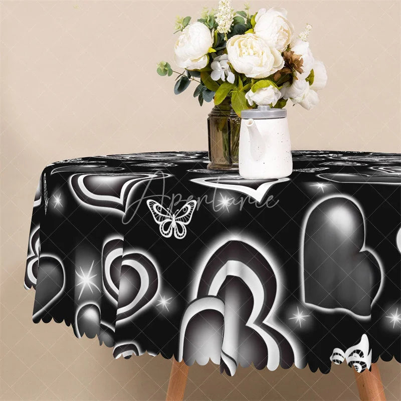 Aperturee - Aperturee Black Neon Heart Butterfly Round Tablecloth Modern Glowing Love Table Cover for Party