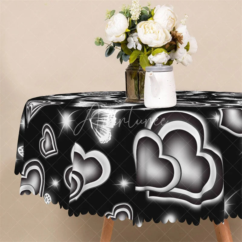 Aperturee - Aperturee Black Neon Heart Butterfly Round Tablecloth Silver Glowing Love Pattern Table Cover for Party