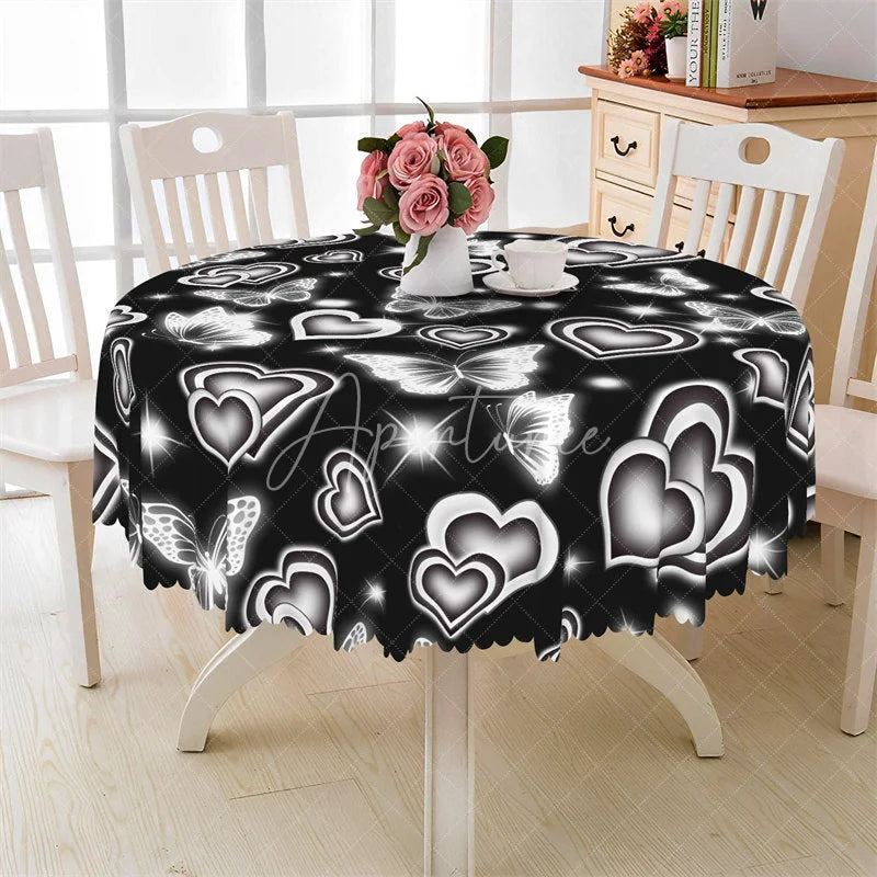 Aperturee - Aperturee Black Neon Heart Butterfly Round Tablecloth Silver Glowing Love Pattern Table Cover for Party