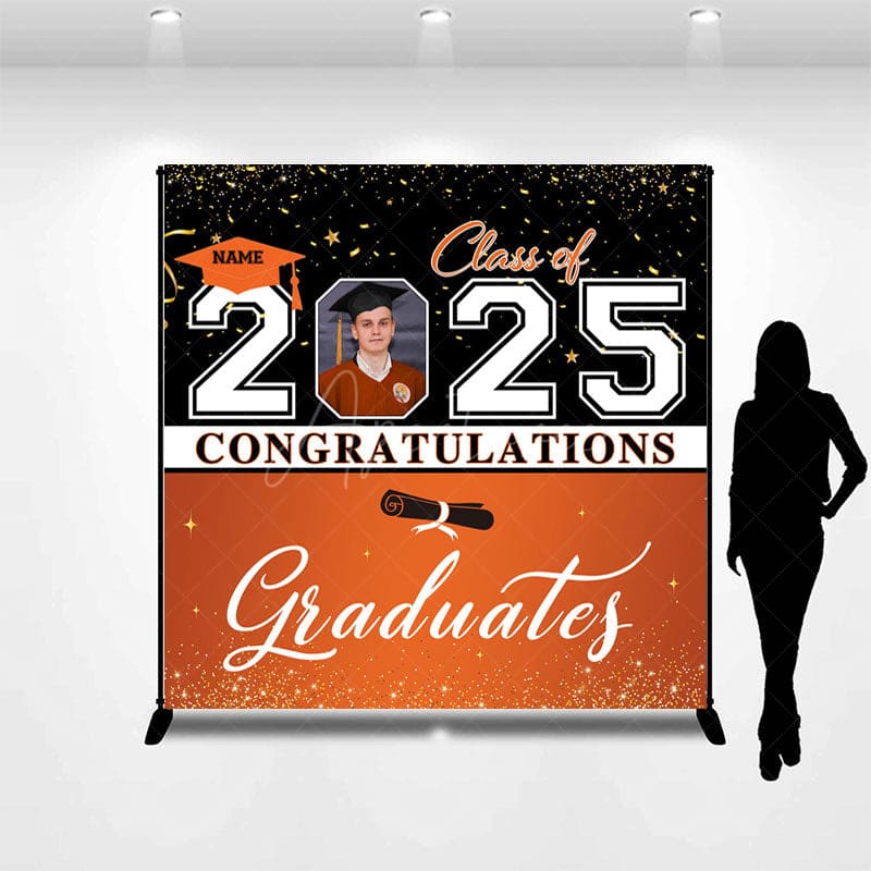 Aperturee - Aperturee Black Orange Custom Name Photo Graduation Backdrop