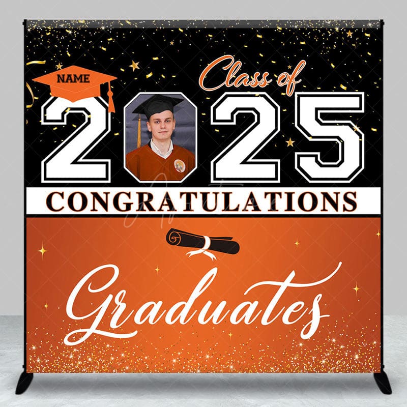 Aperturee - Aperturee Black Orange Custom Name Photo Graduation Backdrop