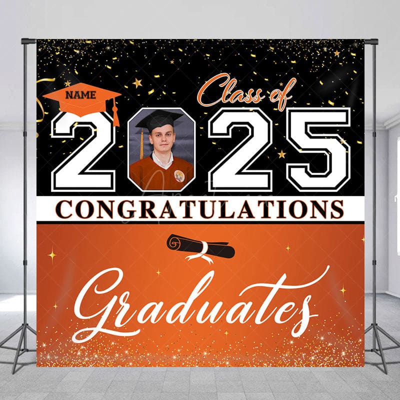 Aperturee - Aperturee Black Orange Custom Name Photo Graduation Backdrop