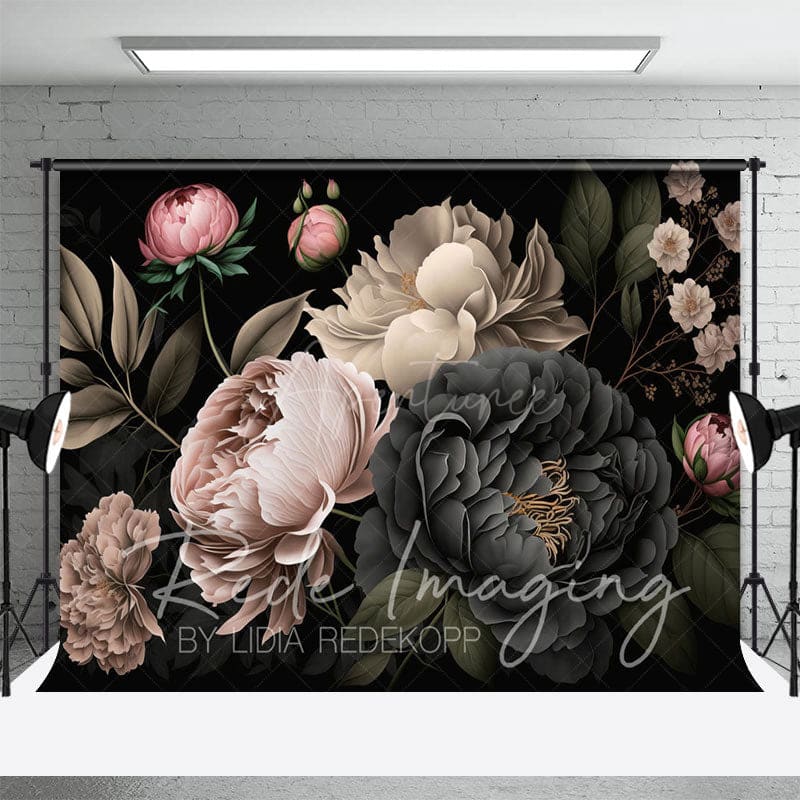 Aperturee - Aperturee Black Pink Spring Florals Leaves Photography Backdrop