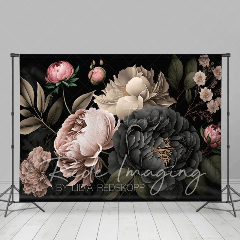 Aperturee - Aperturee Black Pink Spring Florals Leaves Photography Backdrop