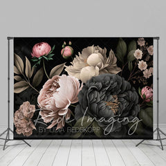 Aperturee - Aperturee Black Pink Spring Florals Leaves Photography Backdrop