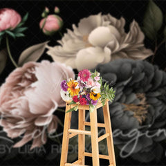 Aperturee - Aperturee Black Pink Spring Florals Leaves Photography Backdrop