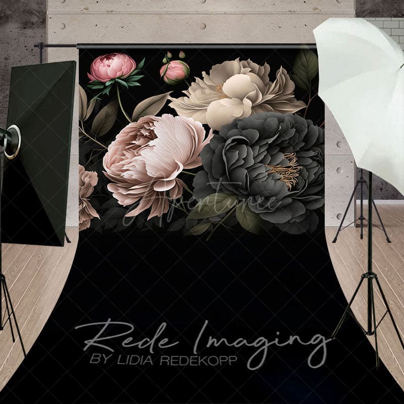 Aperturee - Aperturee Black Pink Spring Florals Leaves Sweep Photo Backdrop