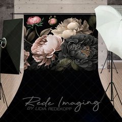 Aperturee - Aperturee Black Pink Spring Florals Leaves Sweep Photo Backdrop