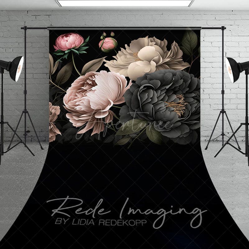 Aperturee - Aperturee Black Pink Spring Florals Leaves Sweep Photo Backdrop