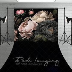 Aperturee - Aperturee Black Pink Spring Florals Leaves Sweep Photo Backdrop