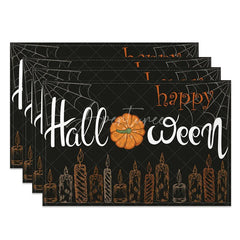 Aperturee - Aperturee Black Pumpkin and Spiderweb Halloween Set of 4 Placemats for Spooky and Gothic Party Decorations