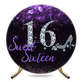 Aperturee - Aperturee Black Purple Glitter Sweet 16 Round Birthday Backdrop