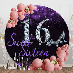 Aperturee - Aperturee Black Purple Glitter Sweet 16 Round Birthday Backdrop