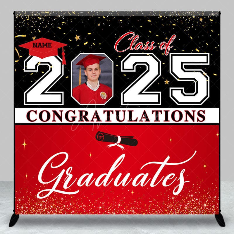 Aperturee - Aperturee Black Red Custom Name Photo Congrats Grad Backdrop