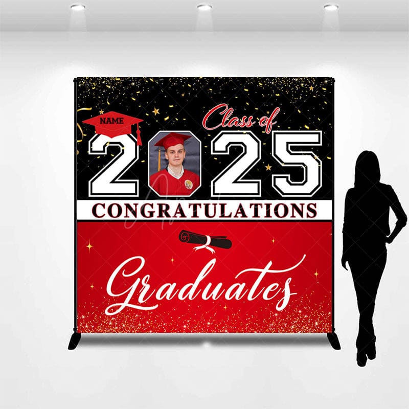 Aperturee - Aperturee Black Red Custom Name Photo Congrats Grad Backdrop