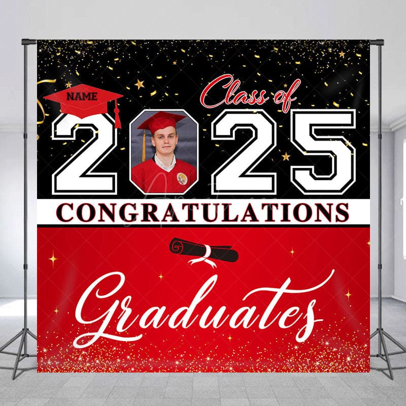 Aperturee - Aperturee Black Red Custom Name Photo Congrats Grad Backdrop
