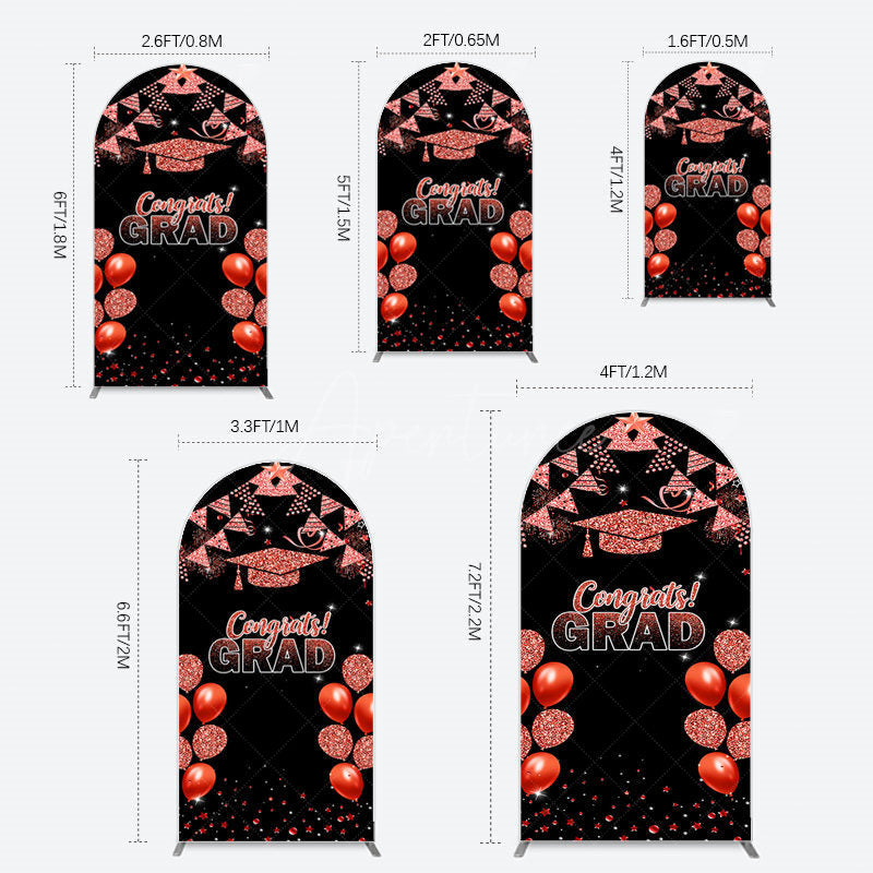 Aperturee - Aperturee Black Red Glitter Balloon Congrats Grad Arch Backdrop