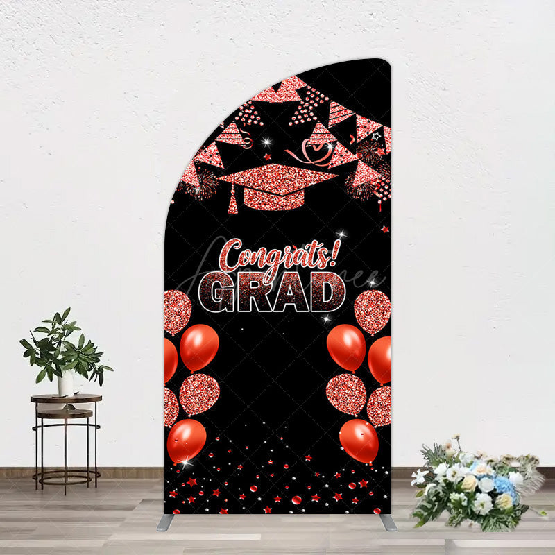 Aperturee - Aperturee Black Red Glitter Balloon Congrats Grad Half Moon Arch Backdrop