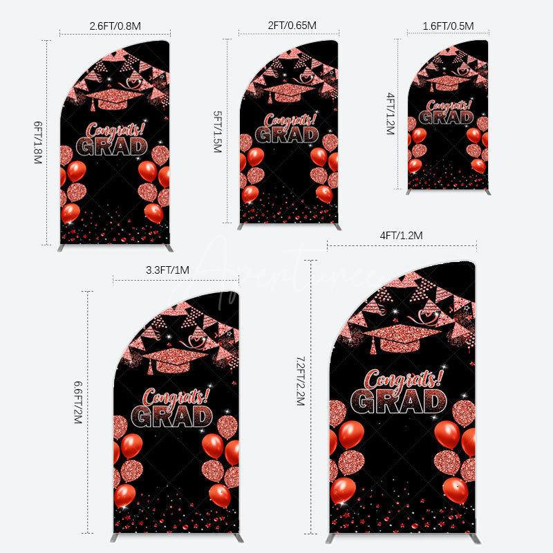 Aperturee - Aperturee Black Red Glitter Balloon Congrats Grad Half Moon Arch Backdrop