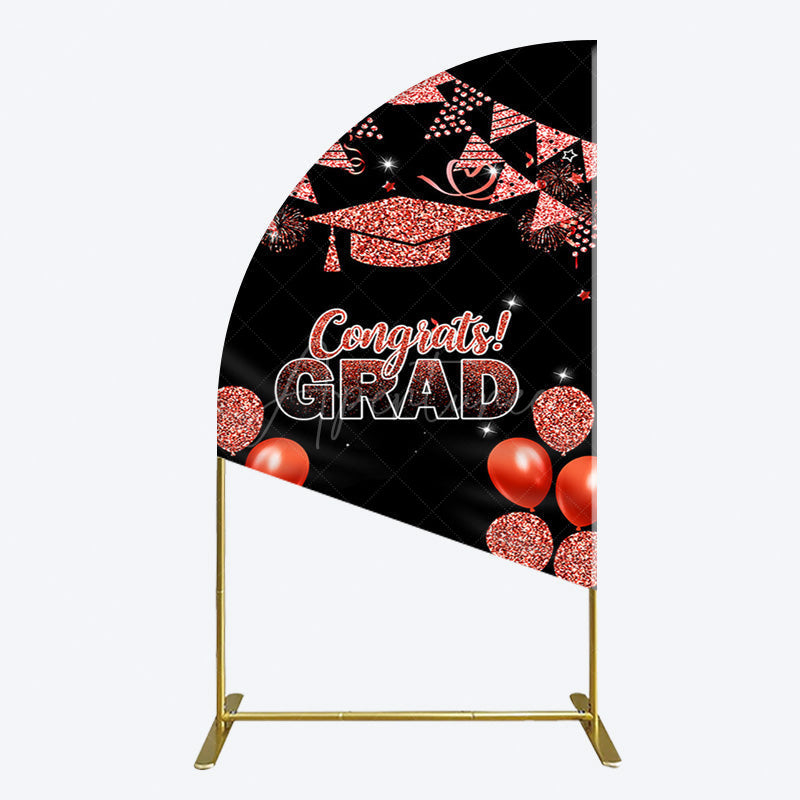Aperturee - Aperturee Black Red Glitter Balloon Congrats Grad Half Moon Arch Backdrop