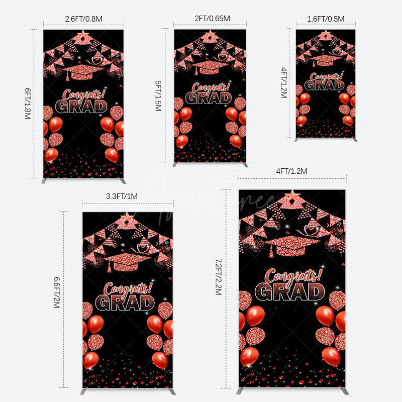 Aperturee - Aperturee Black Red Glitter Balloon Congrats Grad Rectangle Backdrop