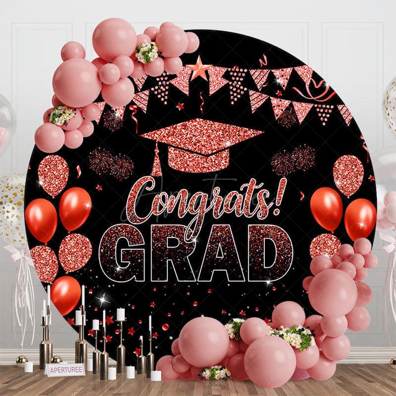 Aperturee - Aperturee Black Red Glitter Balloon Round Congrats Grad Backdrop