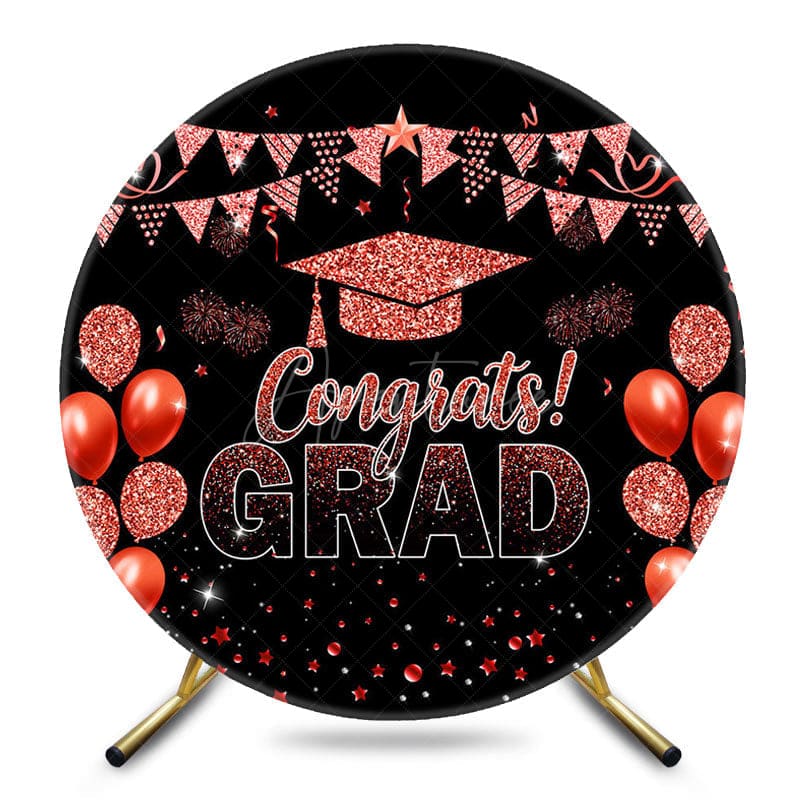 Aperturee - Aperturee Black Red Glitter Balloon Round Congrats Grad Backdrop