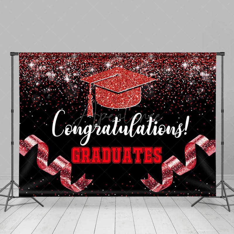 Aperturee - Aperturee Black Red Glitter Ribbons Congrats Grad Backdrop