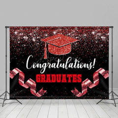 Aperturee - Aperturee Black Red Glitter Ribbons Congrats Grad Backdrop