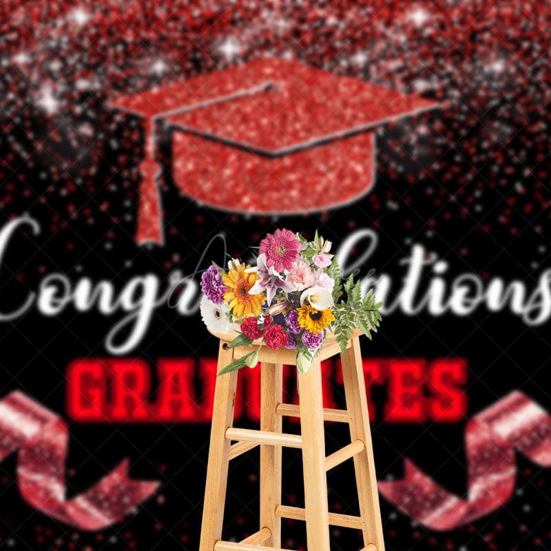 Aperturee - Aperturee Black Red Glitter Ribbons Congrats Grad Backdrop