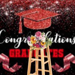 Aperturee - Aperturee Black Red Glitter Ribbons Congrats Grad Backdrop
