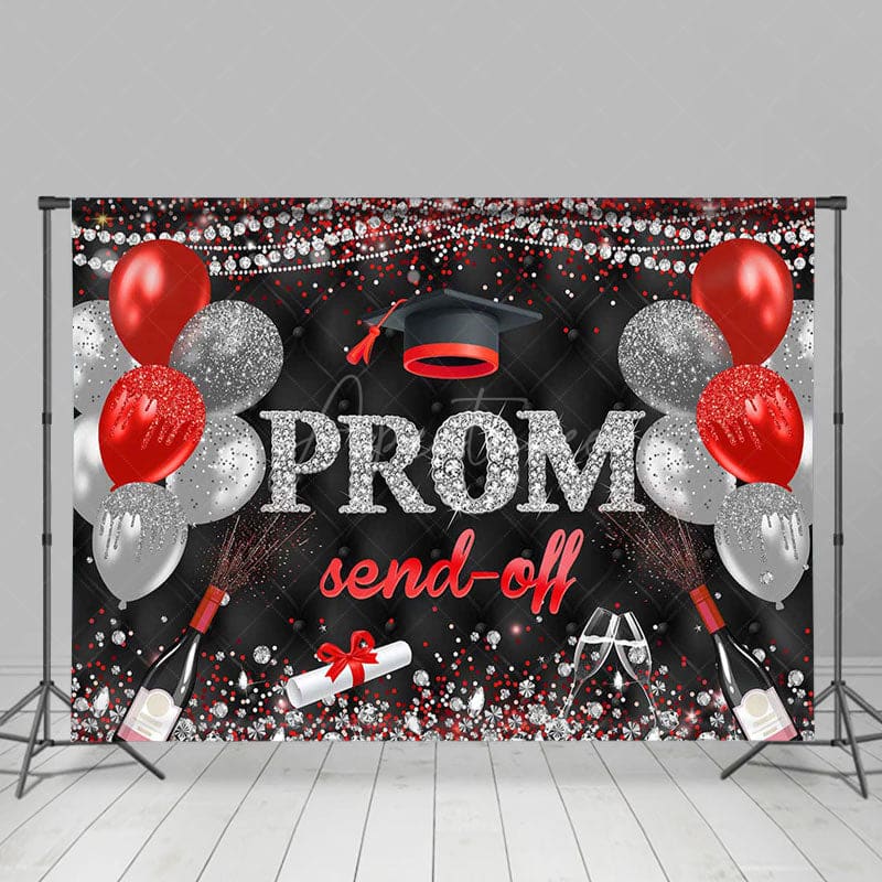 Aperturee - Aperturee Black Red Silver Glitter Balloon Prom Send Off Backdrop