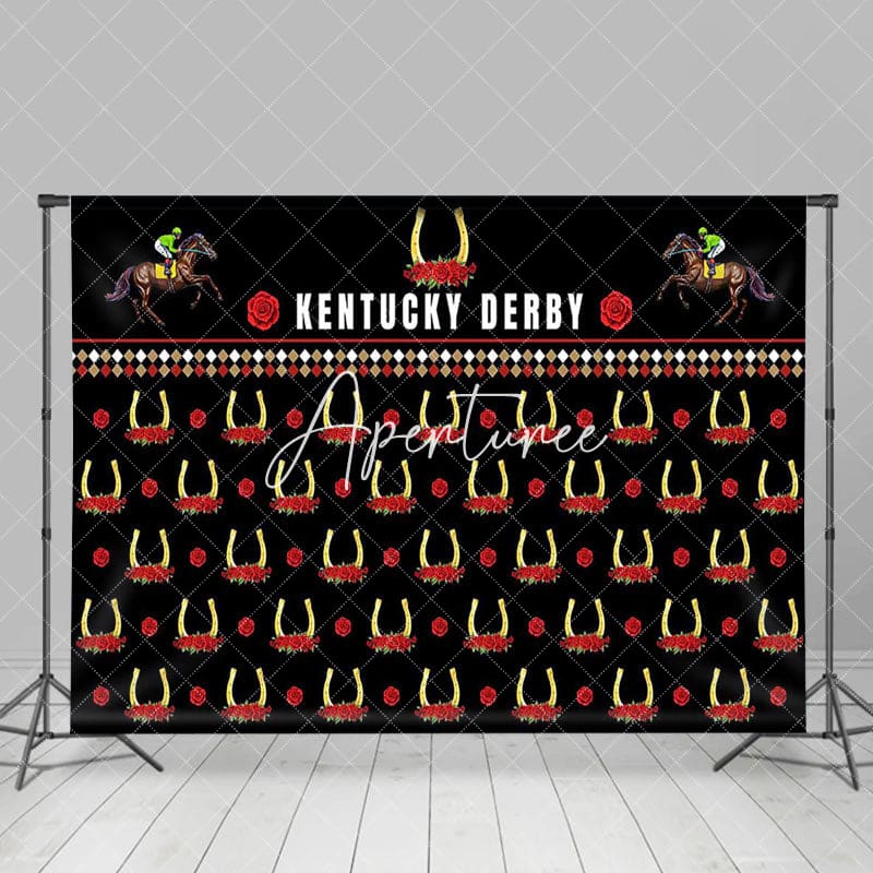 Aperturee - Aperturee Black Repeated Horseshoe Rose Kentucky Derby Backdrop