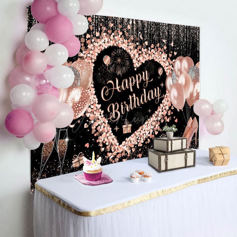 Aperturee - Aperturee Black Rose Gold Balloons Happy Birthday Backdrop