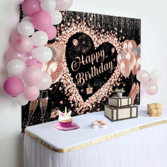 Aperturee - Aperturee Black Rose Gold Balloons Happy Birthday Backdrop