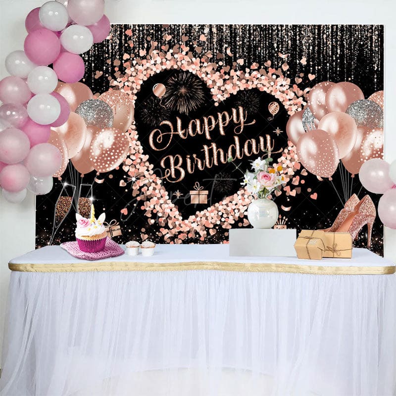 Aperturee - Aperturee Black Rose Gold Balloons Happy Birthday Backdrop