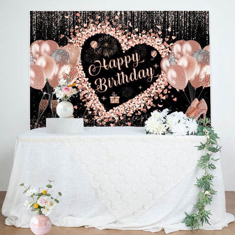 Aperturee - Aperturee Black Rose Gold Balloons Happy Birthday Backdrop