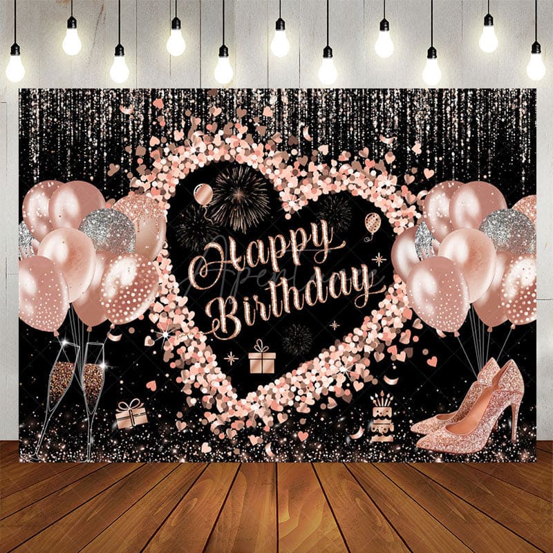 Aperturee - Aperturee Black Rose Gold Balloons Happy Birthday Backdrop